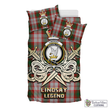 Lindsay Dress Red Tartan Bedding Set with Clan Crest and the Golden Sword of Courageous Legacy