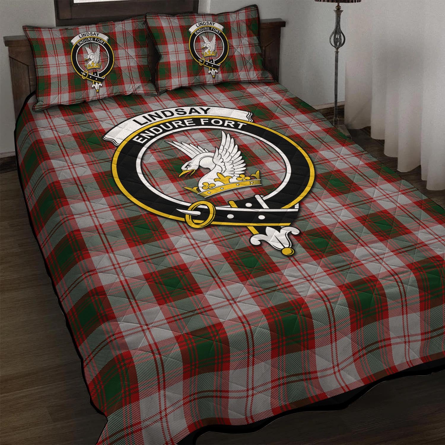 Lindsay Dress Red Tartan Quilt Bed Set with Family Crest - Tartan Vibes Clothing