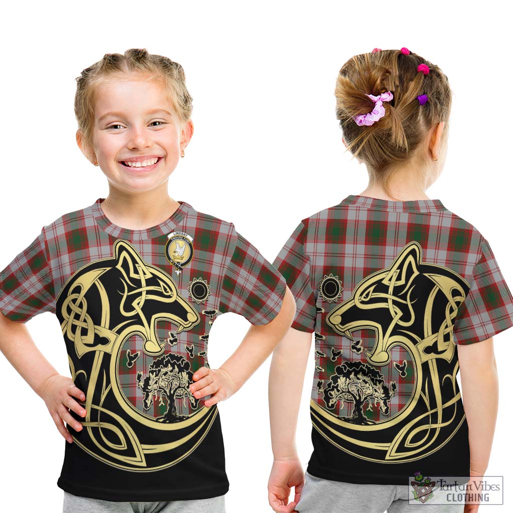 Tartan Vibes Clothing Lindsay Dress Red Tartan Kid T-Shirt with Family Crest Celtic Wolf Style