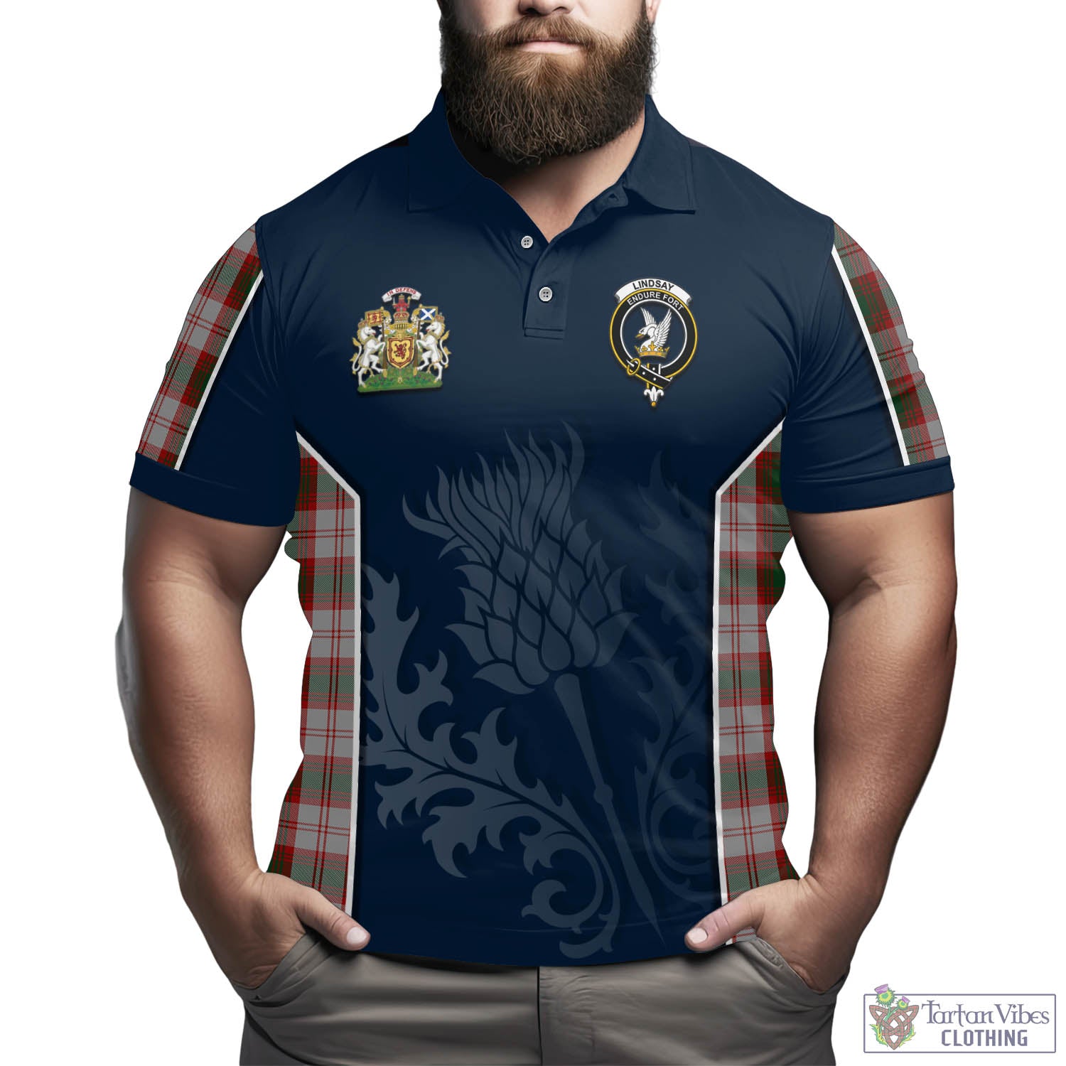 Tartan Vibes Clothing Lindsay Dress Red Tartan Men's Polo Shirt with Family Crest and Scottish Thistle Vibes Sport Style