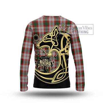 Lindsay Dress Red Tartan Long Sleeve T-Shirt with Family Crest Celtic Wolf Style