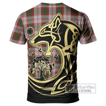 Lindsay Dress Red Tartan T-Shirt with Family Crest Celtic Wolf Style