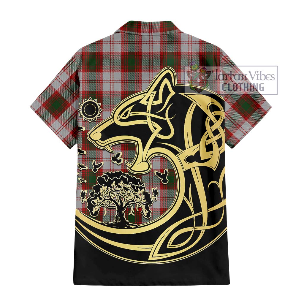 Tartan Vibes Clothing Lindsay Dress Red Tartan Short Sleeve Button Shirt with Family Crest Celtic Wolf Style