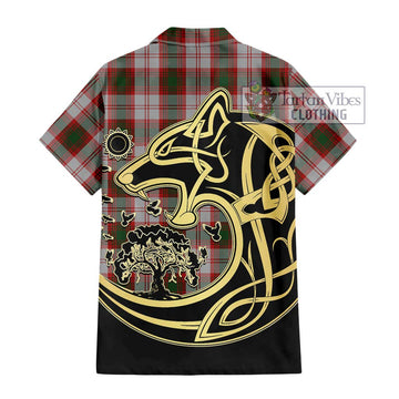 Lindsay Dress Red Tartan Short Sleeve Button Shirt with Family Crest Celtic Wolf Style