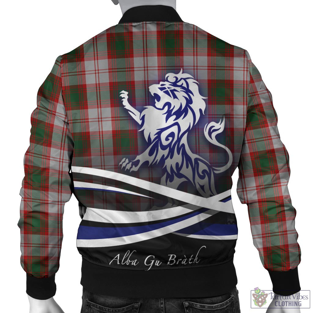 Tartan Vibes Clothing Lindsay Dress Red Tartan Bomber Jacket with Alba Gu Brath Regal Lion Emblem