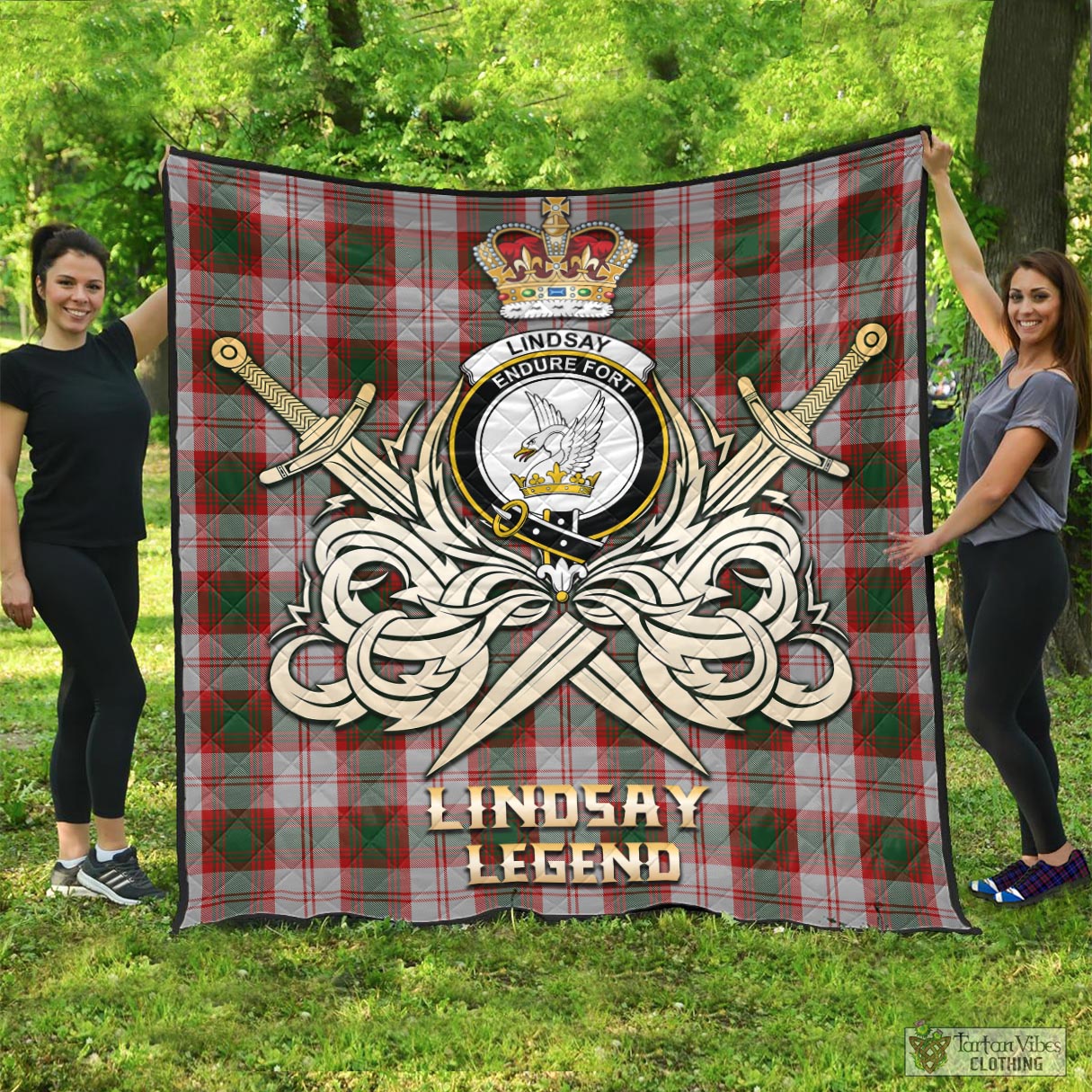 Tartan Vibes Clothing Lindsay Dress Red Tartan Quilt with Clan Crest and the Golden Sword of Courageous Legacy