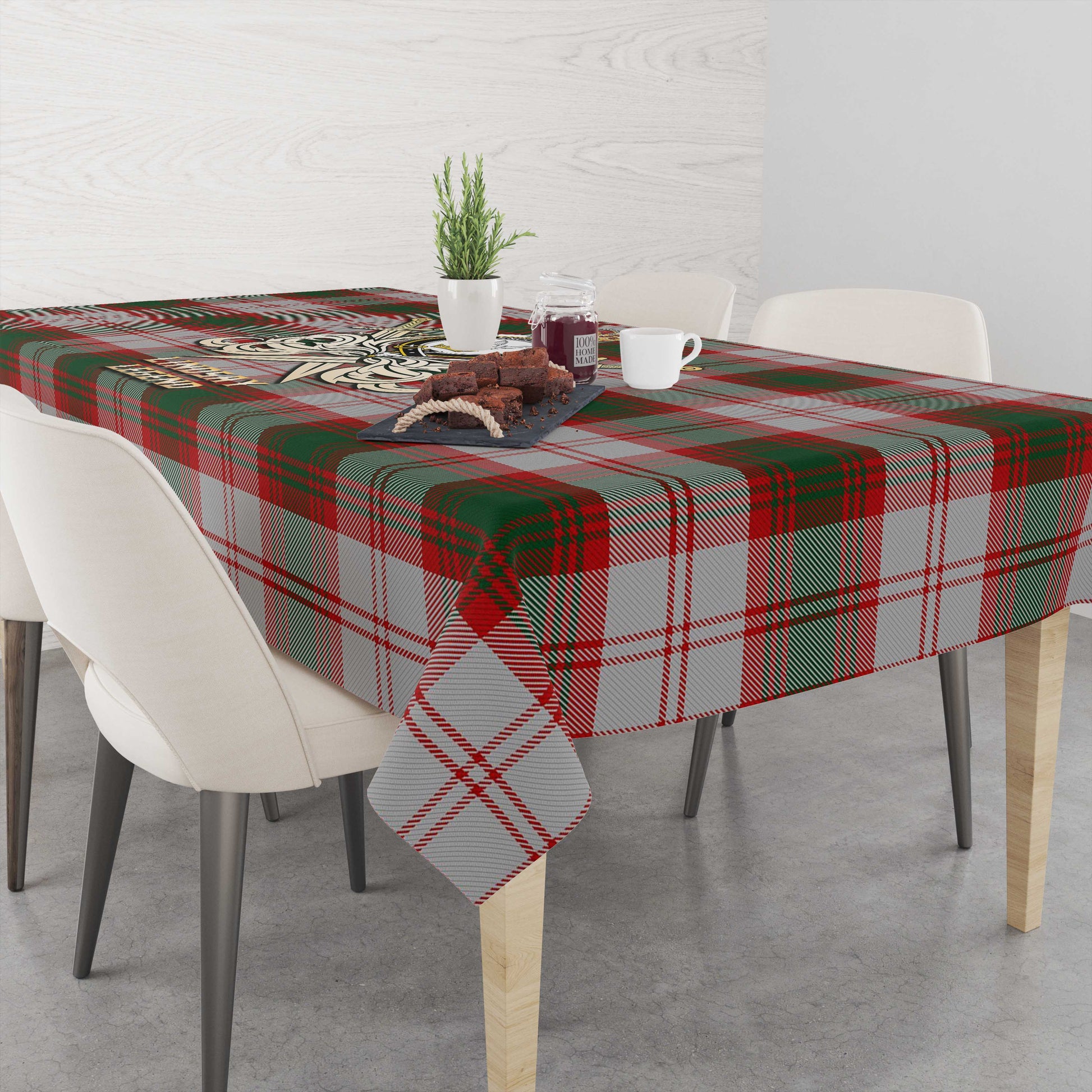 Tartan Vibes Clothing Lindsay Dress Red Tartan Tablecloth with Clan Crest and the Golden Sword of Courageous Legacy