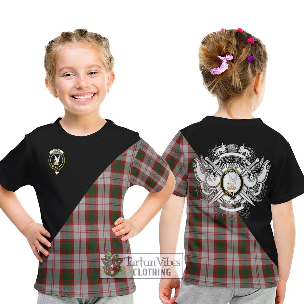 Lindsay Dress Red Tartan Kid T-Shirt with Family Crest and Military Logo Style - Tartanvibesclothing Shop