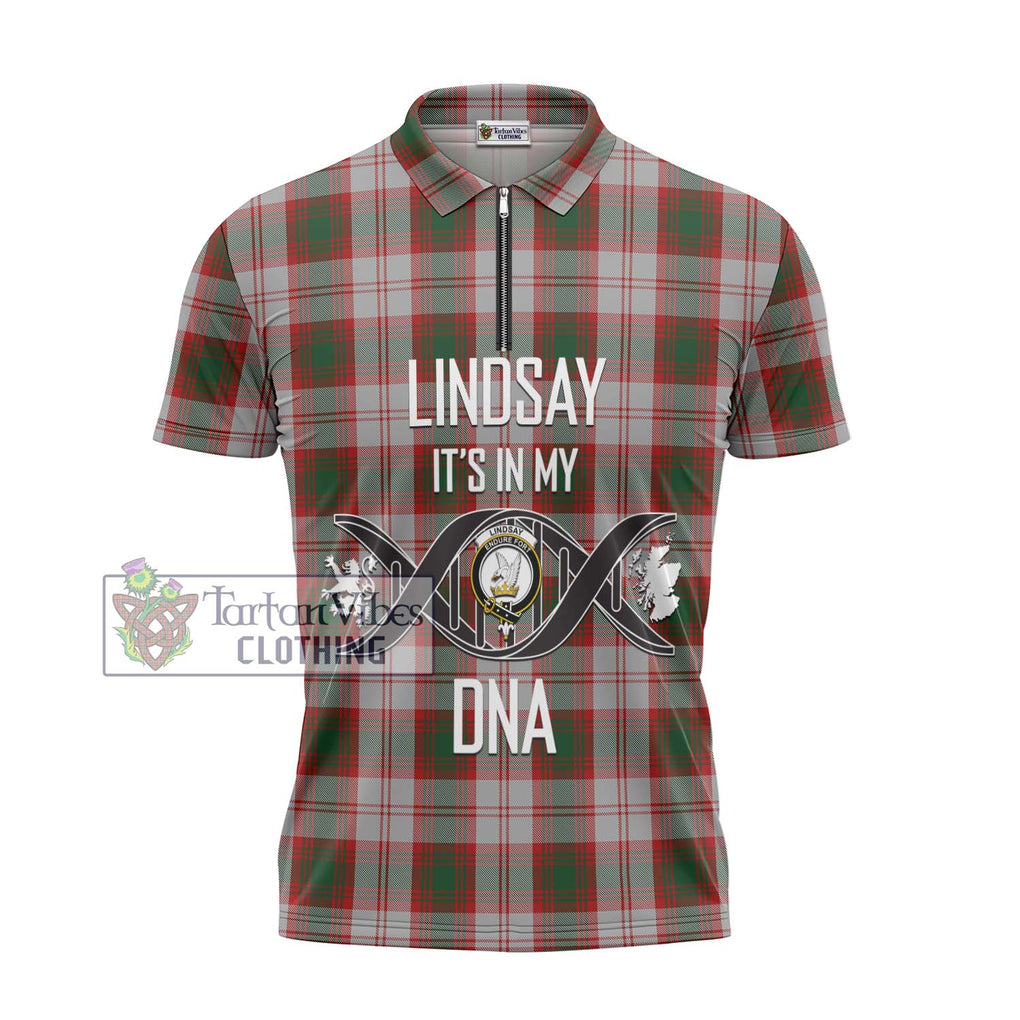 Lindsay Dress Red Tartan Zipper Polo Shirt with Family Crest DNA In Me Style - Tartanvibesclothing Shop