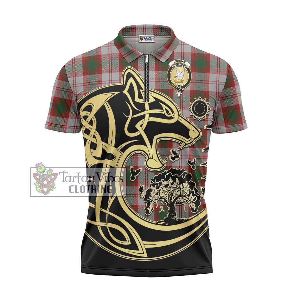 Lindsay Dress Red Tartan Zipper Polo Shirt with Family Crest Celtic Wolf Style - Tartanvibesclothing Shop