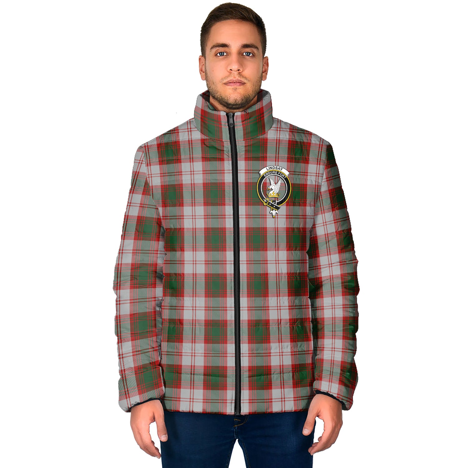 Lindsay Dress Red Tartan Padded Jacket with Family Crest - Tartan Vibes Clothing