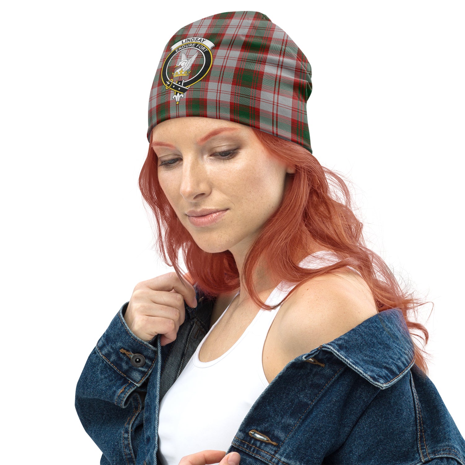 Lindsay Dress Red Tartan Beanies Hat with Family Crest - Tartan Vibes Clothing