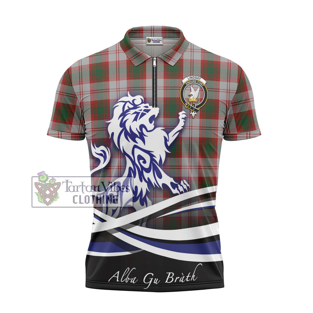 Lindsay Dress Red Tartan Zipper Polo Shirt with Alba Gu Brath Regal Lion Emblem - Tartanvibesclothing Shop