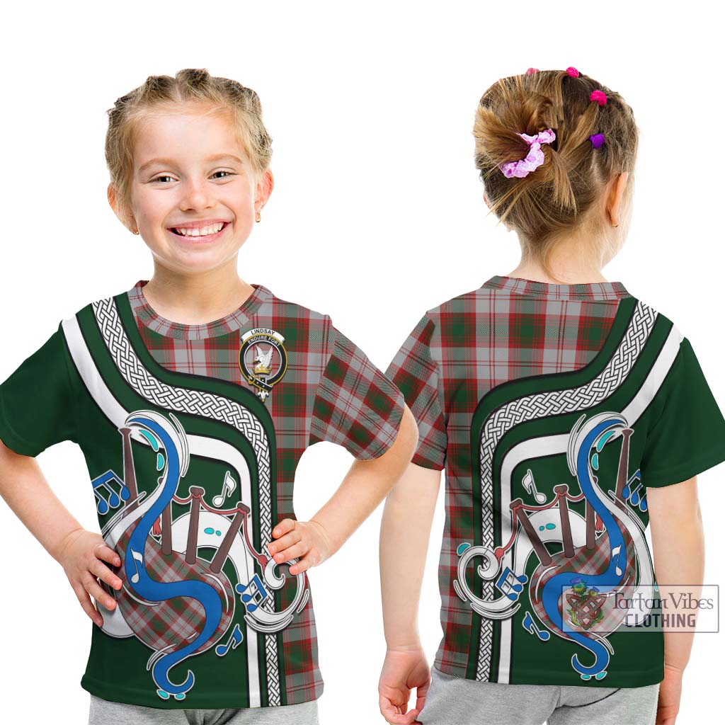 Tartan Vibes Clothing Lindsay Dress Red Tartan Kid T-Shirt with Epic Bagpipe Style