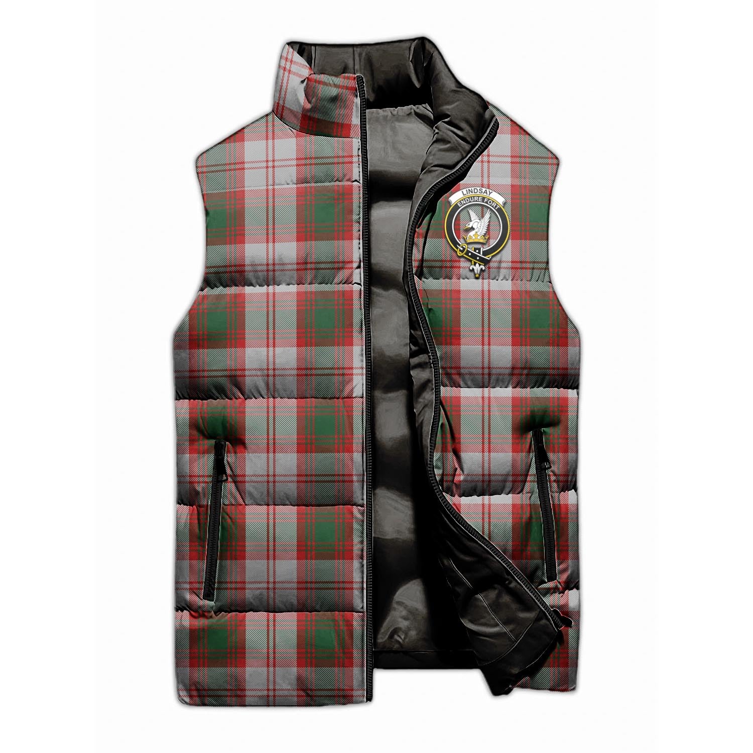 Lindsay Dress Red Tartan Sleeveless Puffer Jacket with Family Crest - Tartanvibesclothing