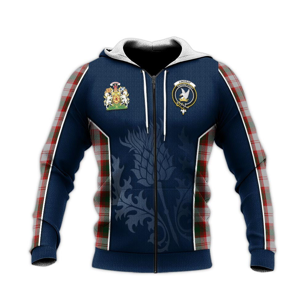 Tartan Vibes Clothing Lindsay Dress Red Tartan Knitted Hoodie with Family Crest and Scottish Thistle Vibes Sport Style