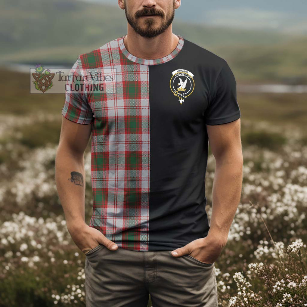 Lindsay Dress Red Tartan T-Shirt with Family Crest and Half Of Me Style - Tartanvibesclothing Shop