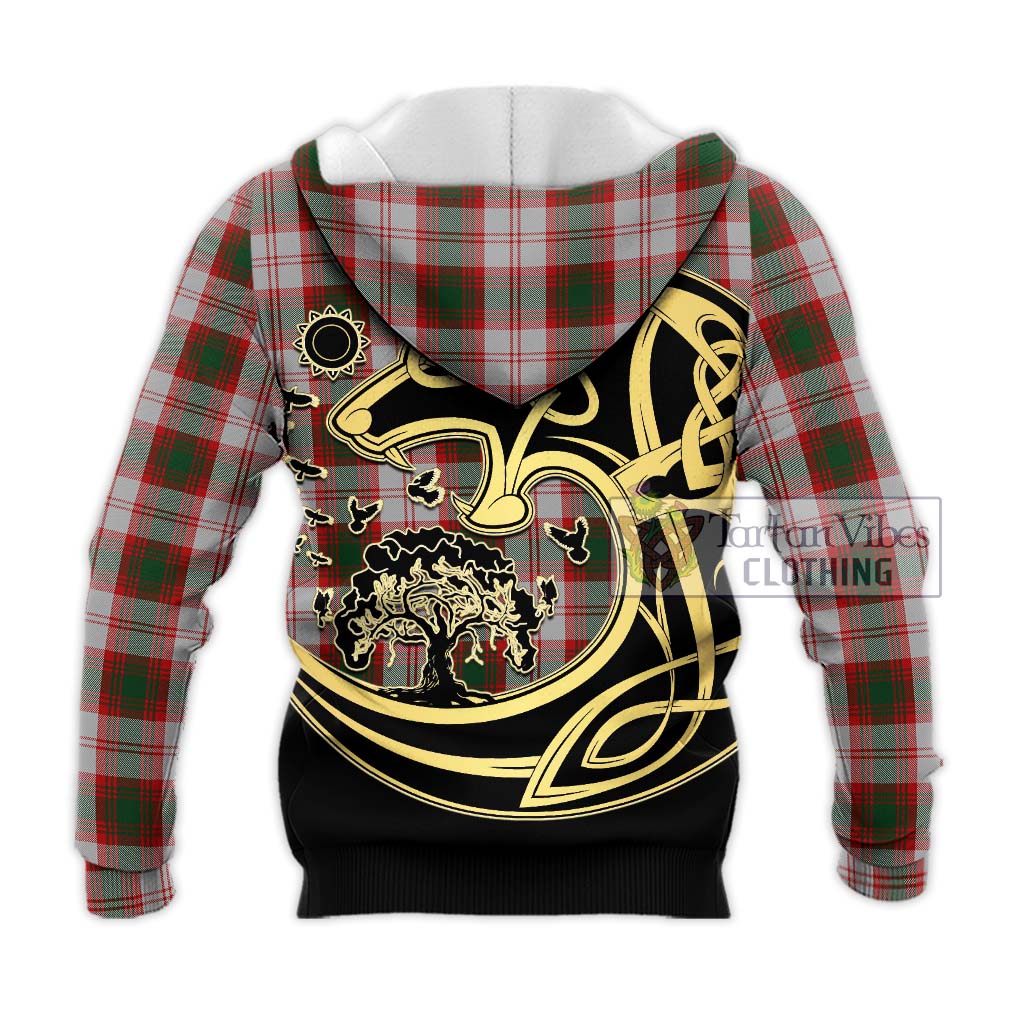 Tartan Vibes Clothing Lindsay Dress Red Tartan Knitted Hoodie with Family Crest Celtic Wolf Style