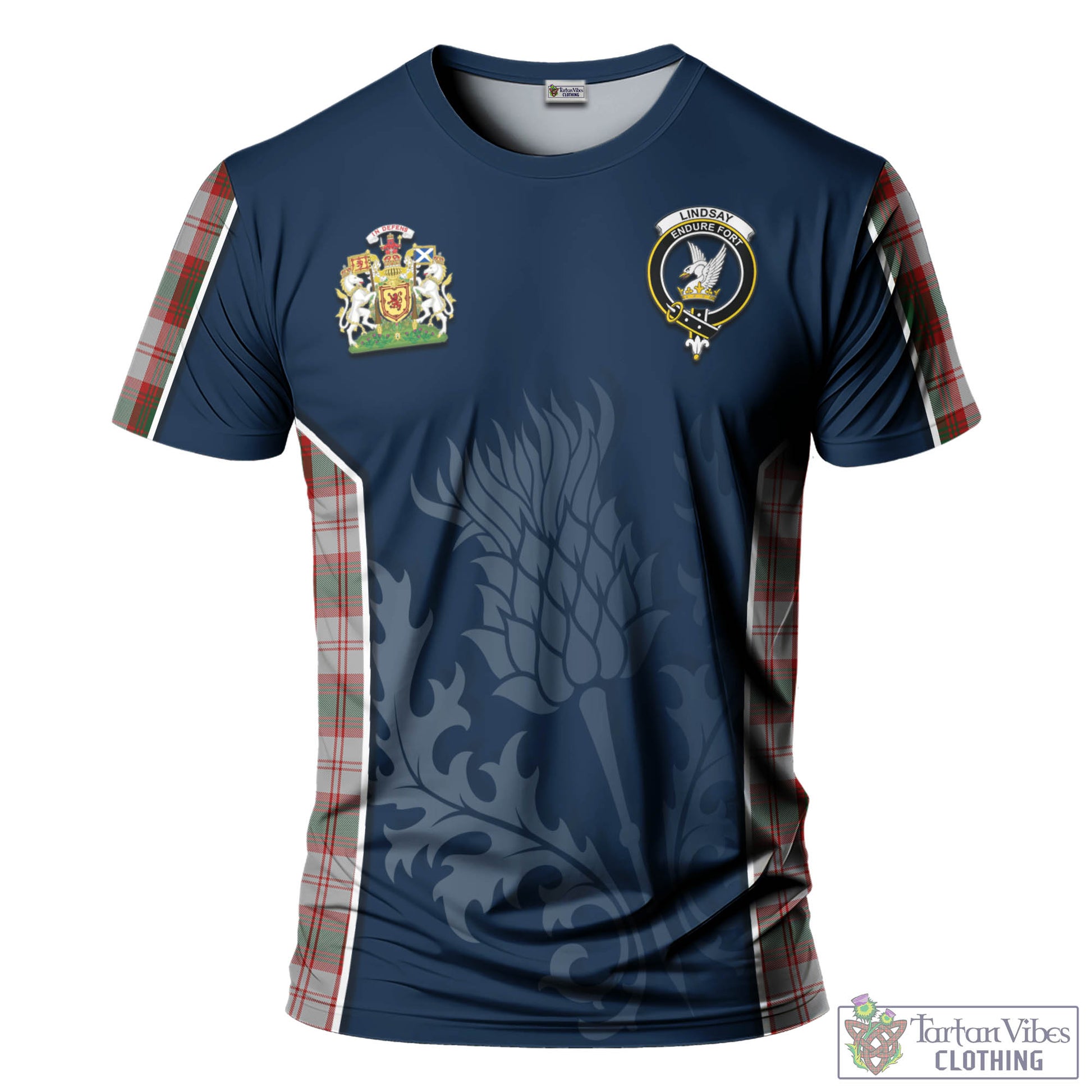 Tartan Vibes Clothing Lindsay Dress Red Tartan T-Shirt with Family Crest and Scottish Thistle Vibes Sport Style