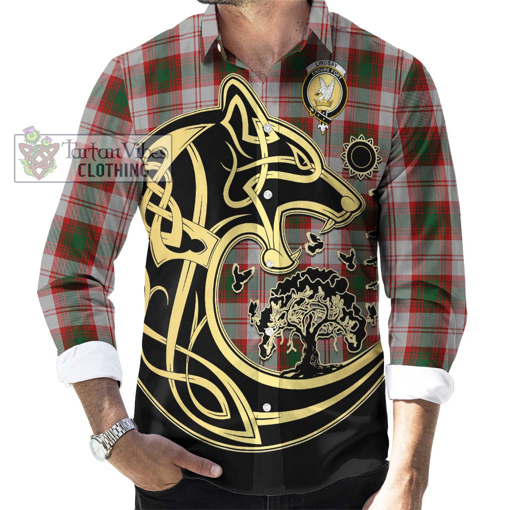 Lindsay Dress Red Tartan Long Sleeve Button Shirt with Family Crest Celtic Wolf Style - Tartan Vibes Clothing