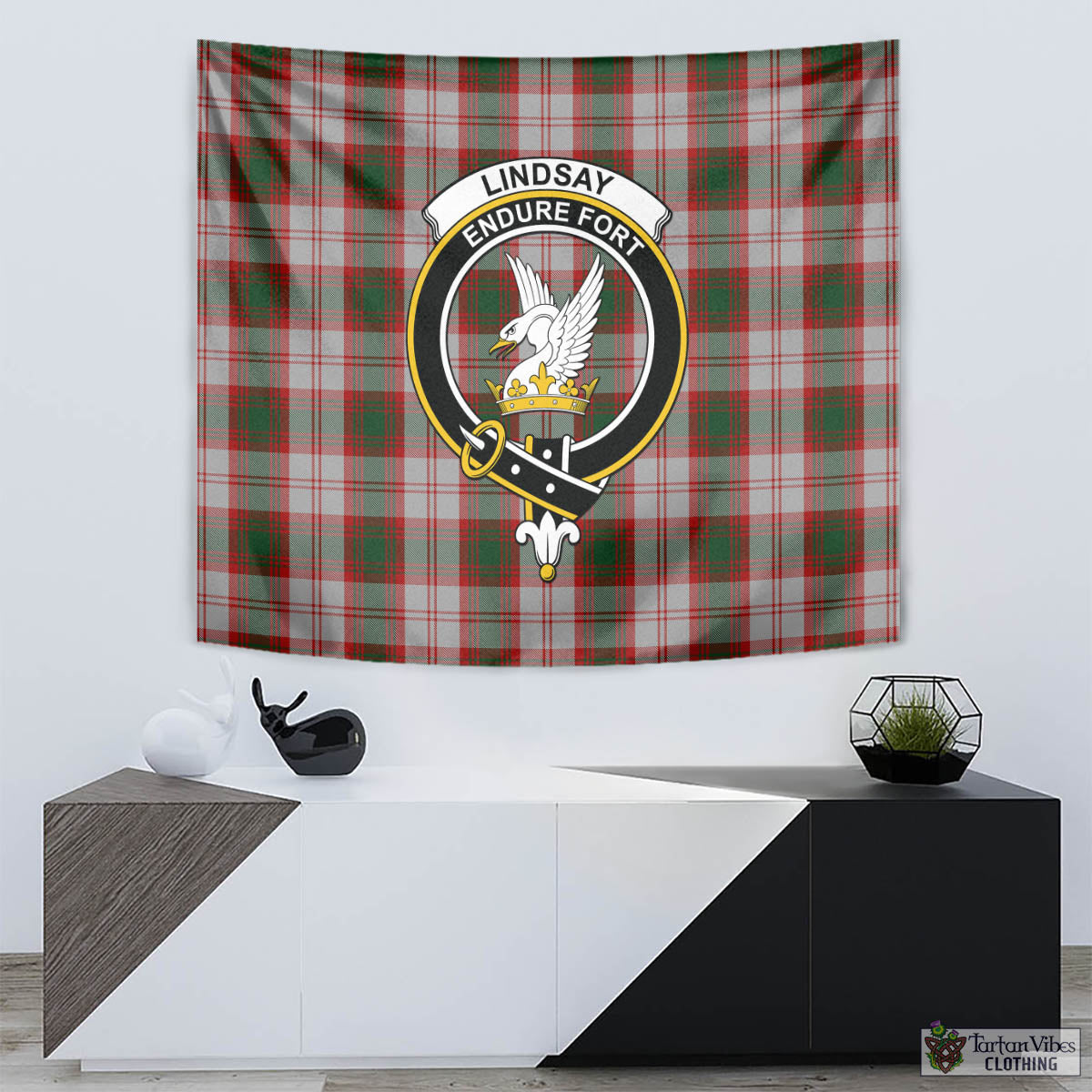 Tartan Vibes Clothing Lindsay Dress Red Tartan Tapestry Wall Hanging and Home Decor for Room with Family Crest