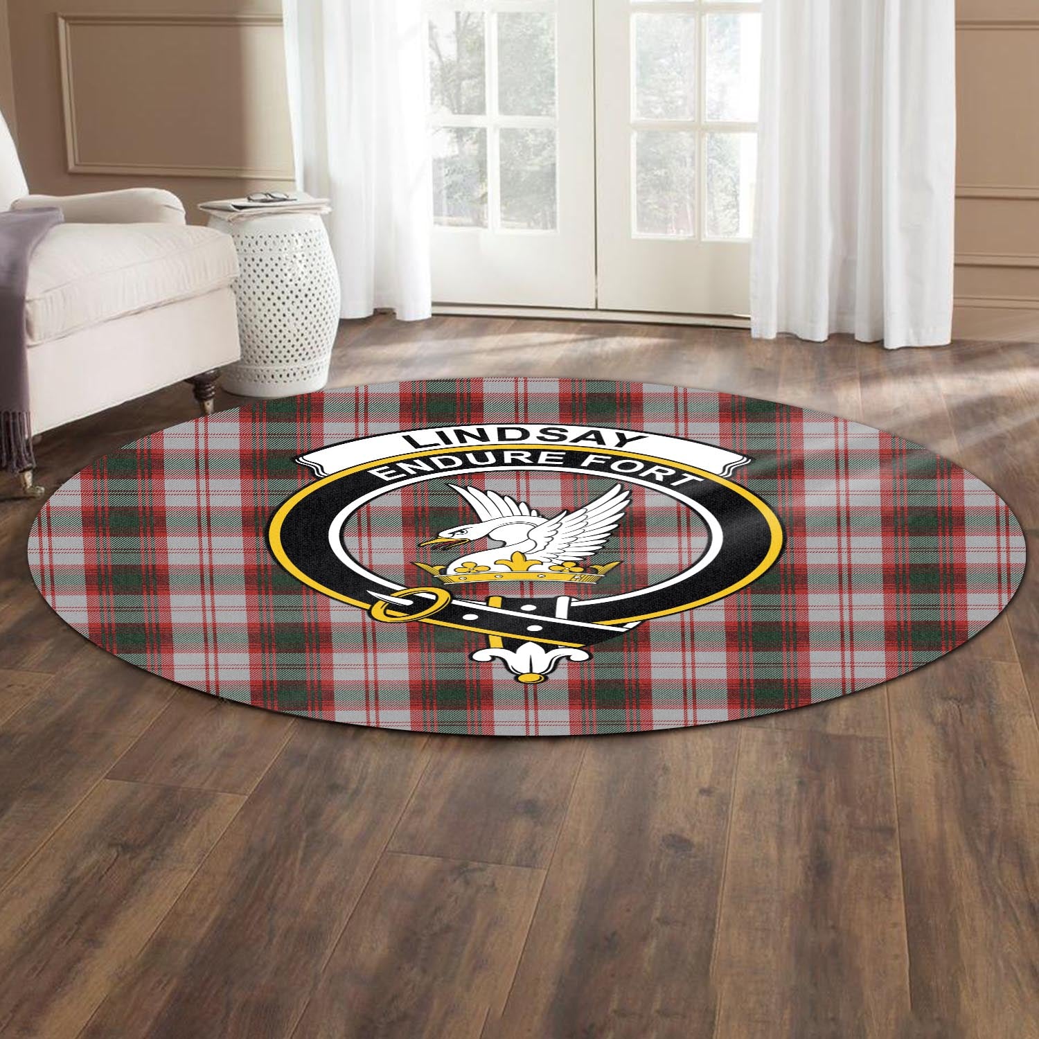 lindsay-dress-red-tartan-round-rug-with-family-crest