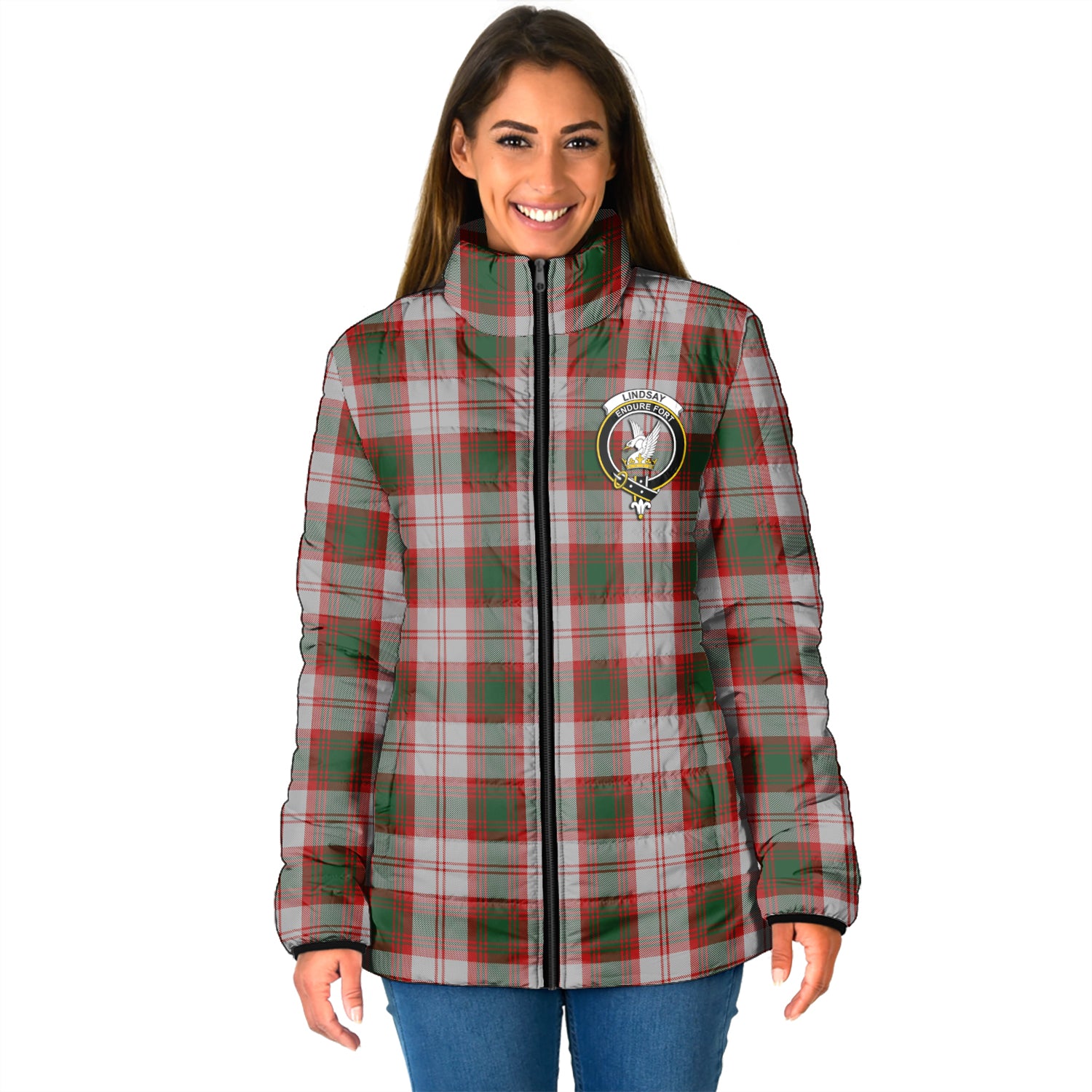 Lindsay Dress Red Tartan Padded Jacket with Family Crest - Tartan Vibes Clothing