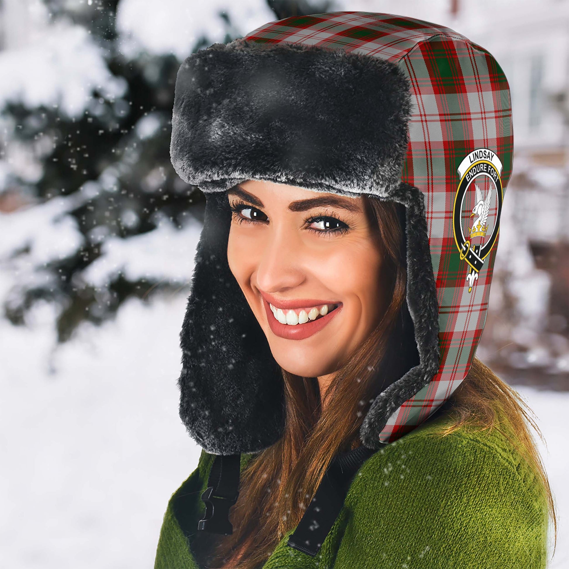 Lindsay Dress Red Tartan Winter Trapper Hat with Family Crest - Tartanvibesclothing