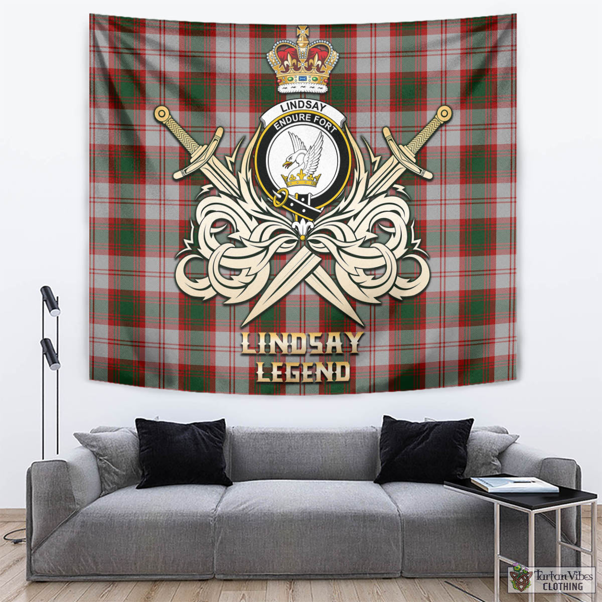 Tartan Vibes Clothing Lindsay Dress Red Tartan Tapestry with Clan Crest and the Golden Sword of Courageous Legacy