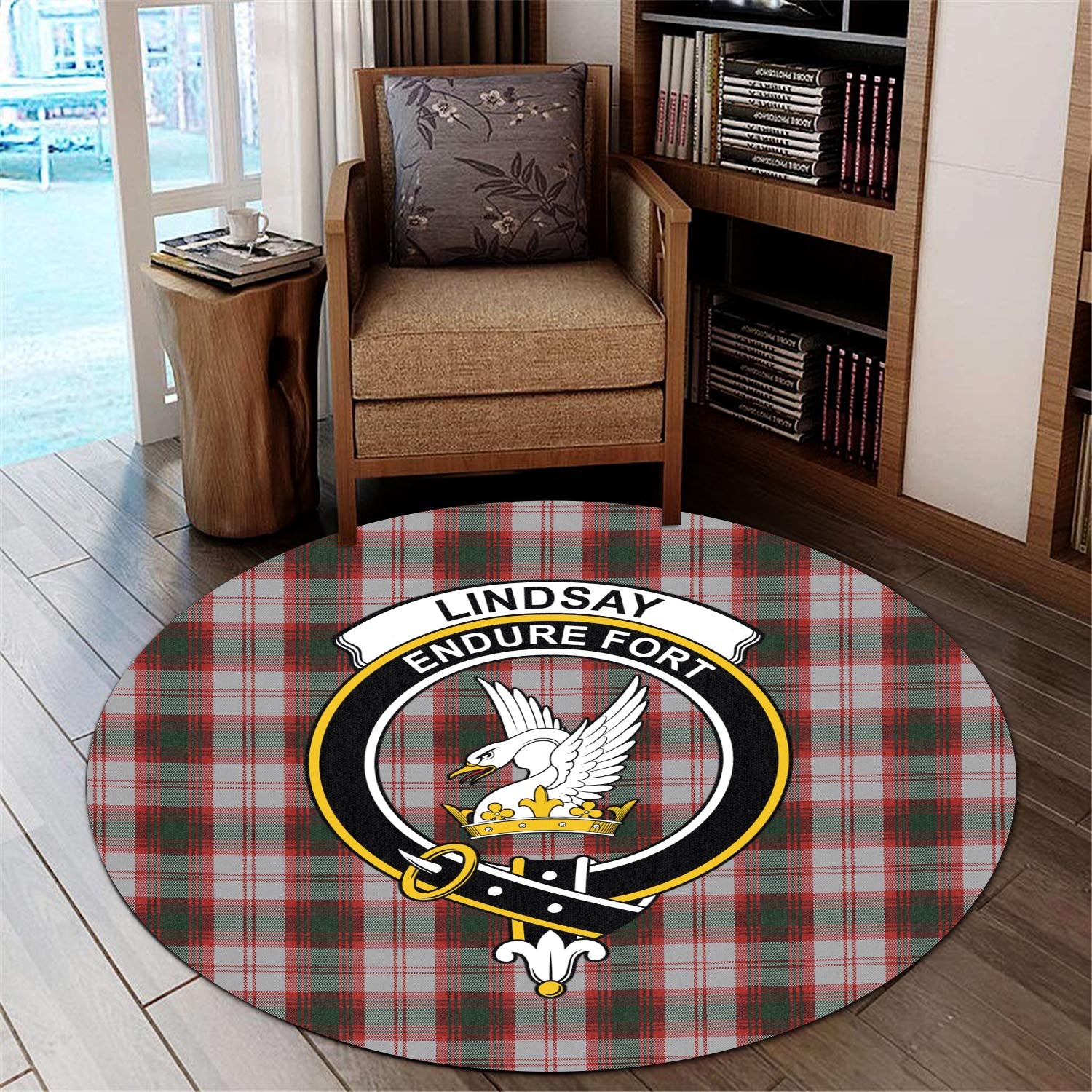 lindsay-dress-red-tartan-round-rug-with-family-crest