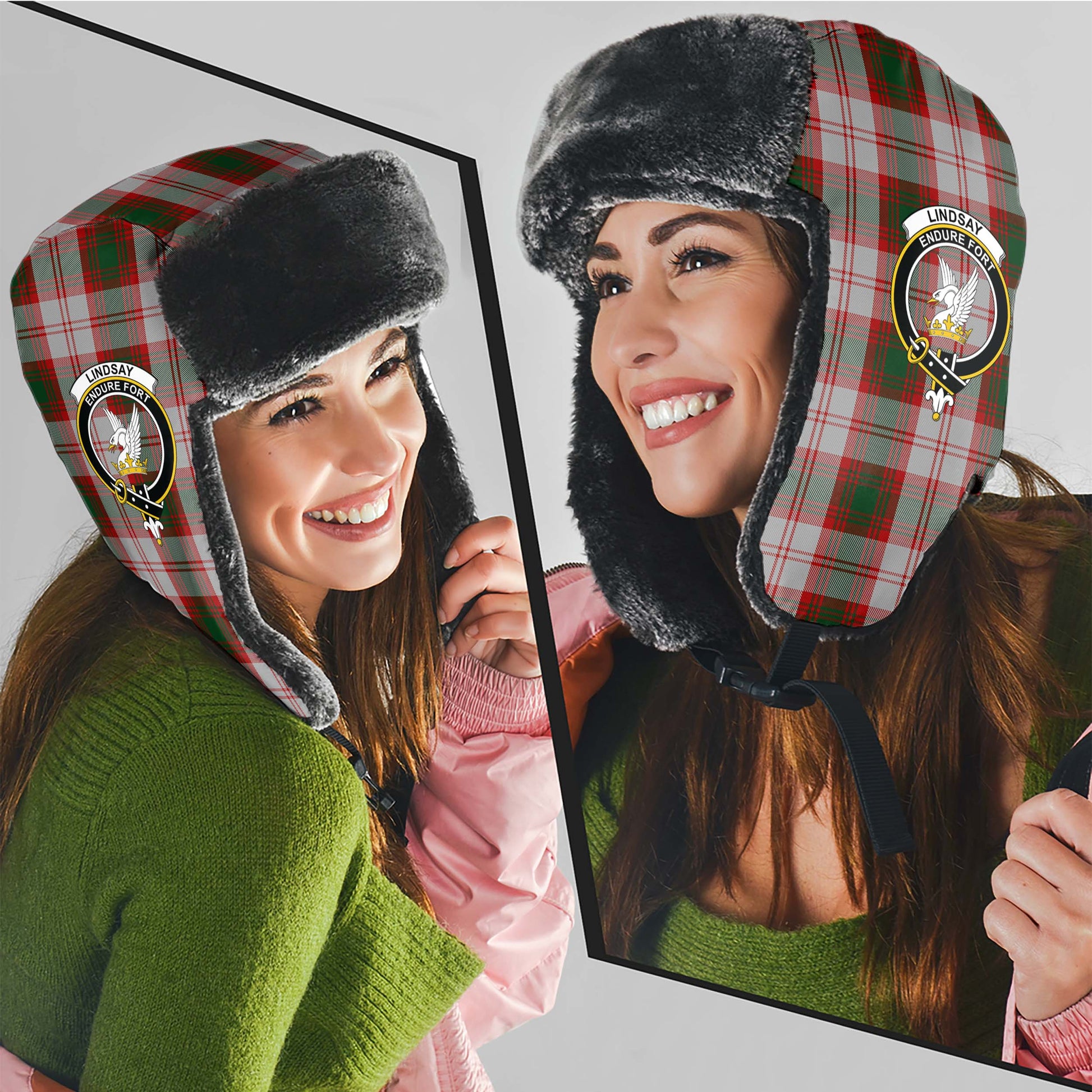 Lindsay Dress Red Tartan Winter Trapper Hat with Family Crest - Tartanvibesclothing