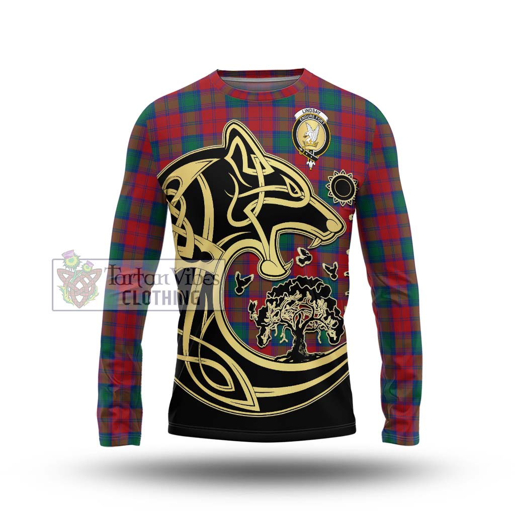 Tartan Vibes Clothing Lindsay Modern Tartan Long Sleeve T-Shirt with Family Crest Celtic Wolf Style