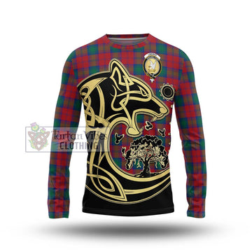 Lindsay Modern Tartan Long Sleeve T-Shirt with Family Crest Celtic Wolf Style