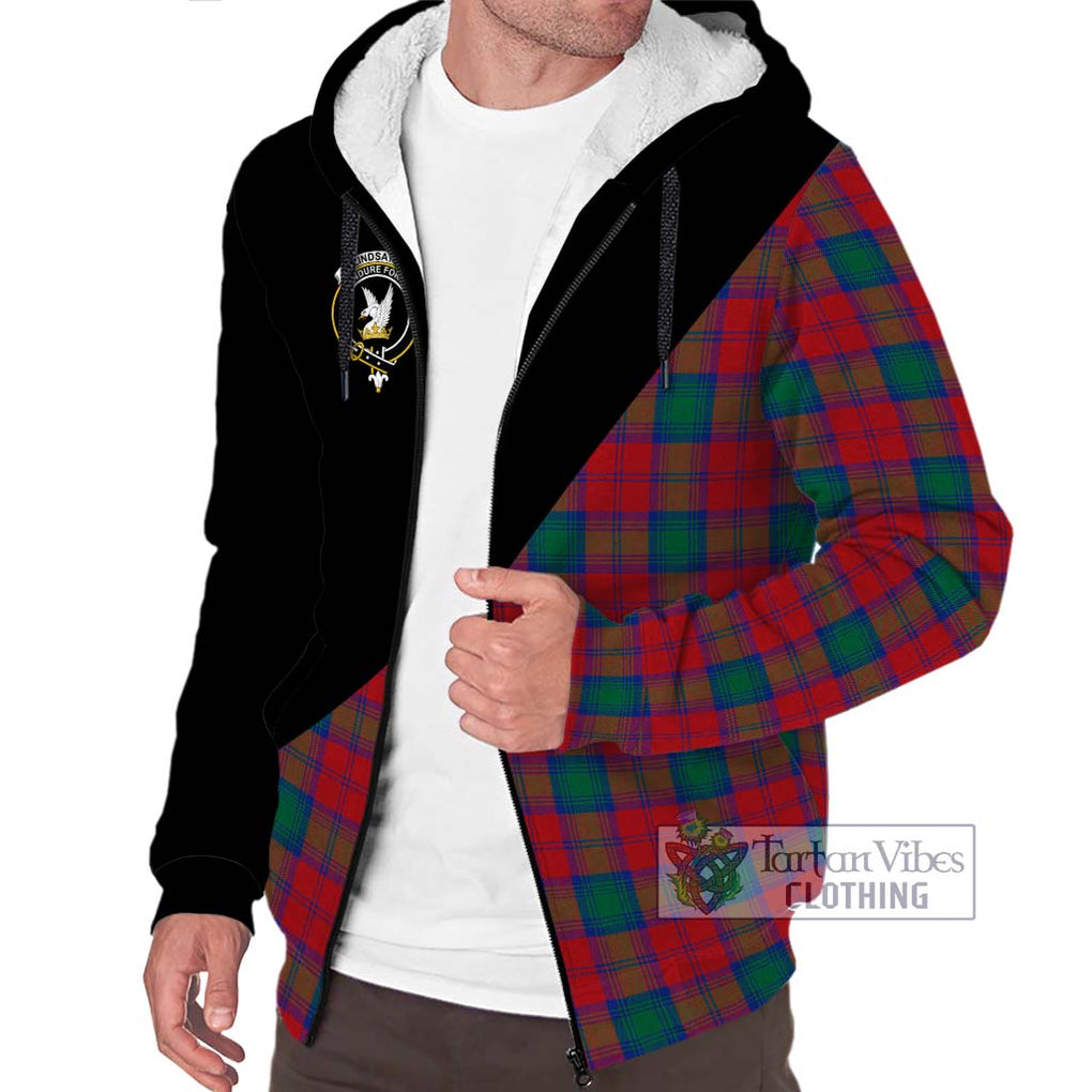 Lindsay Modern Tartan Sherpa Hoodie with Family Crest and Military Logo Style Unisex S - Tartanvibesclothing Shop