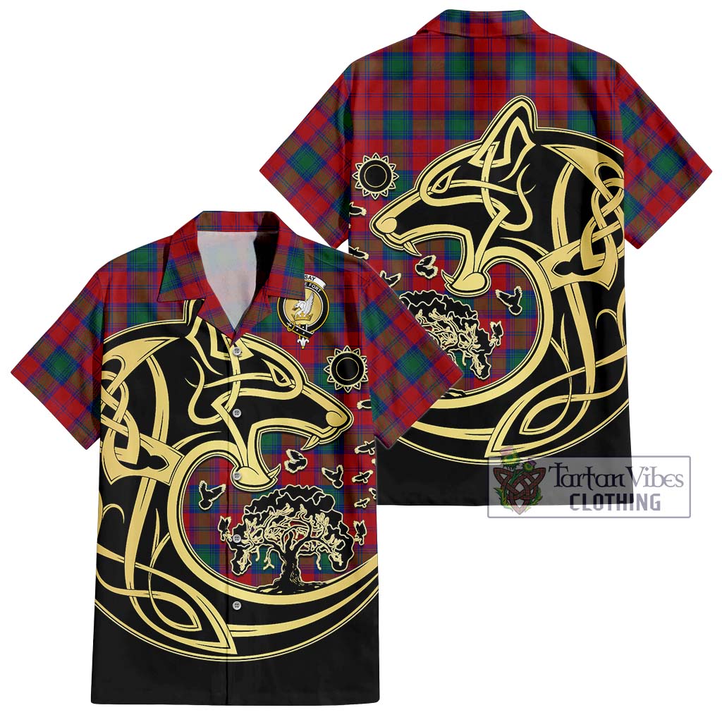 Tartan Vibes Clothing Lindsay Modern Tartan Short Sleeve Button Shirt with Family Crest Celtic Wolf Style