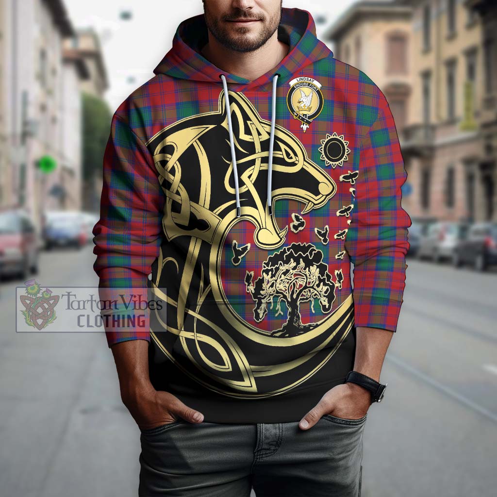 Tartan Vibes Clothing Lindsay Modern Tartan Hoodie with Family Crest Celtic Wolf Style