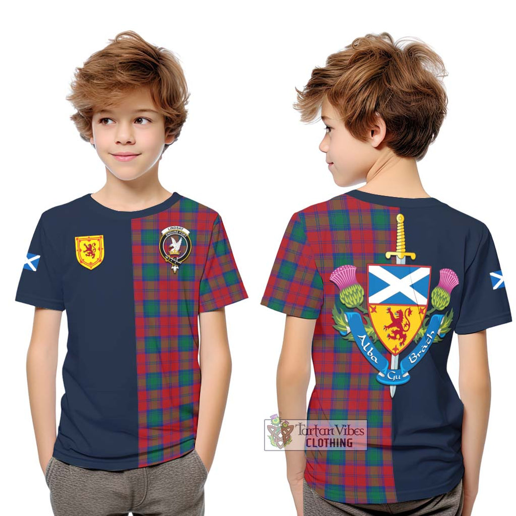 Tartan Vibes Clothing Lindsay Modern Tartan Kid T-Shirt with Scottish Lion Royal Arm Half Style