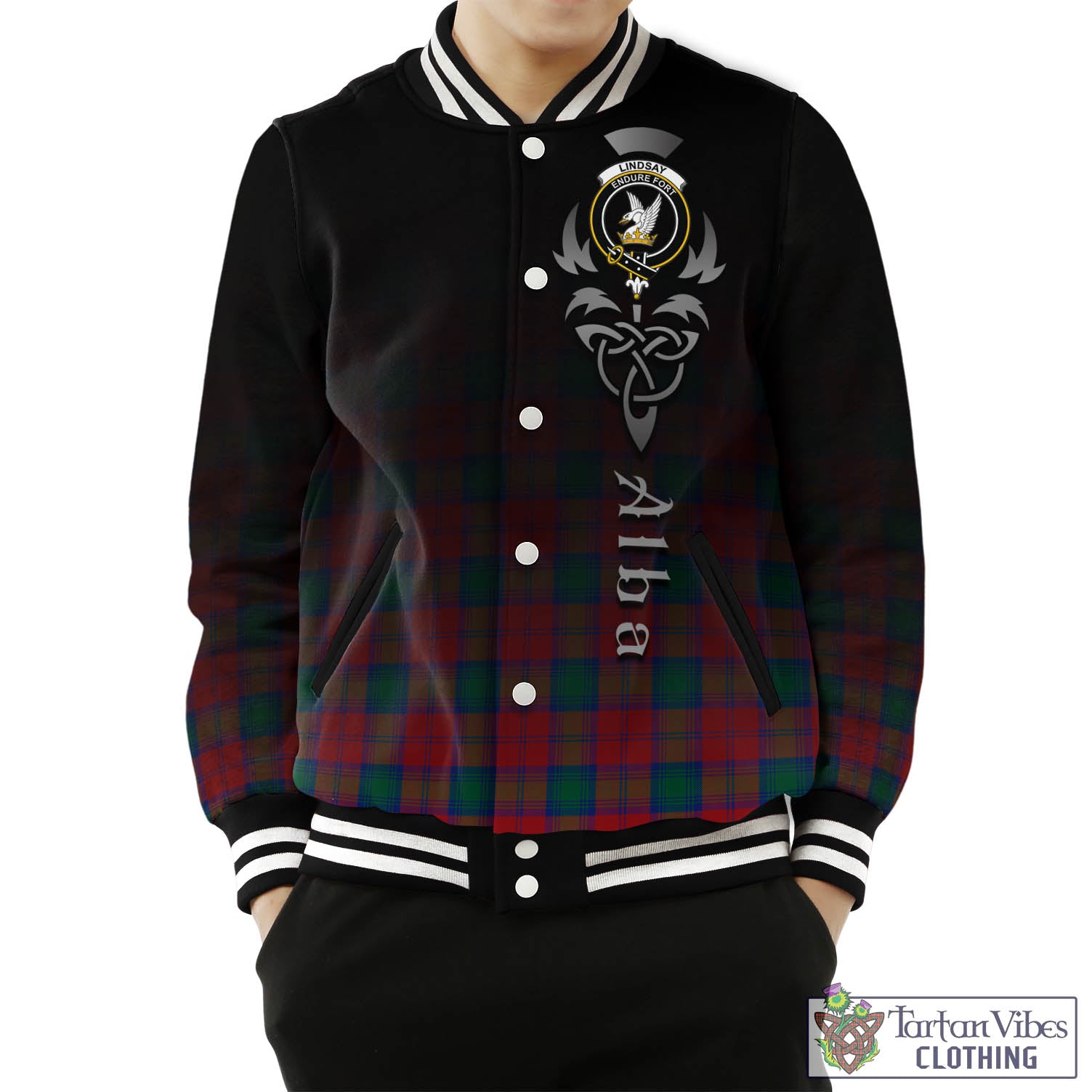 Tartan Vibes Clothing Lindsay Modern Tartan Baseball Jacket Featuring Alba Gu Brath Family Crest Celtic Inspired