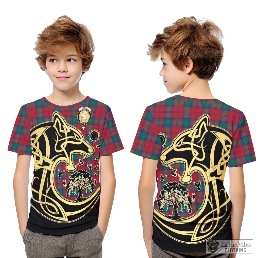 Tartan Vibes Clothing Lindsay Modern Tartan Kid T-Shirt with Family Crest Celtic Wolf Style