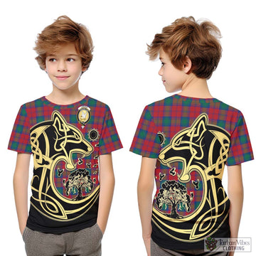 Lindsay Modern Tartan Kid T-Shirt with Family Crest Celtic Wolf Style