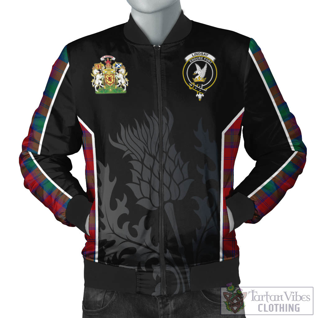 Tartan Vibes Clothing Lindsay Modern Tartan Bomber Jacket with Family Crest and Scottish Thistle Vibes Sport Style