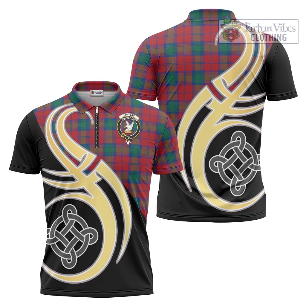 Tartan Vibes Clothing Lindsay Modern Tartan Zipper Polo Shirt with Family Crest and Celtic Symbol Style