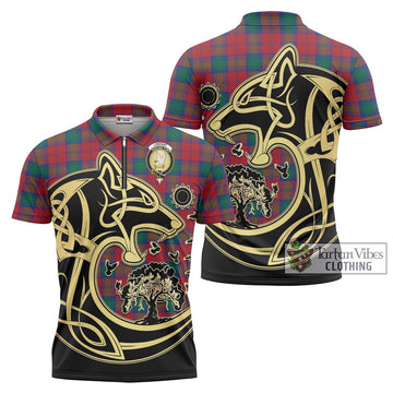 Lindsay Modern Tartan Zipper Polo Shirt with Family Crest Celtic Wolf Style