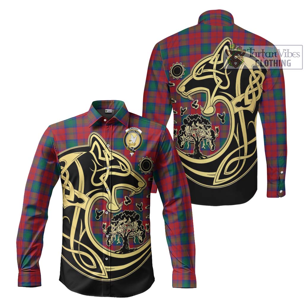 Tartan Vibes Clothing Lindsay Modern Tartan Long Sleeve Button Shirt with Family Crest Celtic Wolf Style