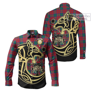 Lindsay Modern Tartan Long Sleeve Button Shirt with Family Crest Celtic Wolf Style