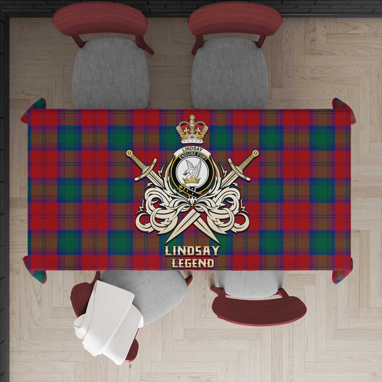 Tartan Vibes Clothing Lindsay Modern Tartan Tablecloth with Clan Crest and the Golden Sword of Courageous Legacy
