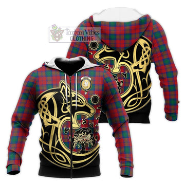 Lindsay Modern Tartan Knitted Hoodie with Family Crest Celtic Wolf Style
