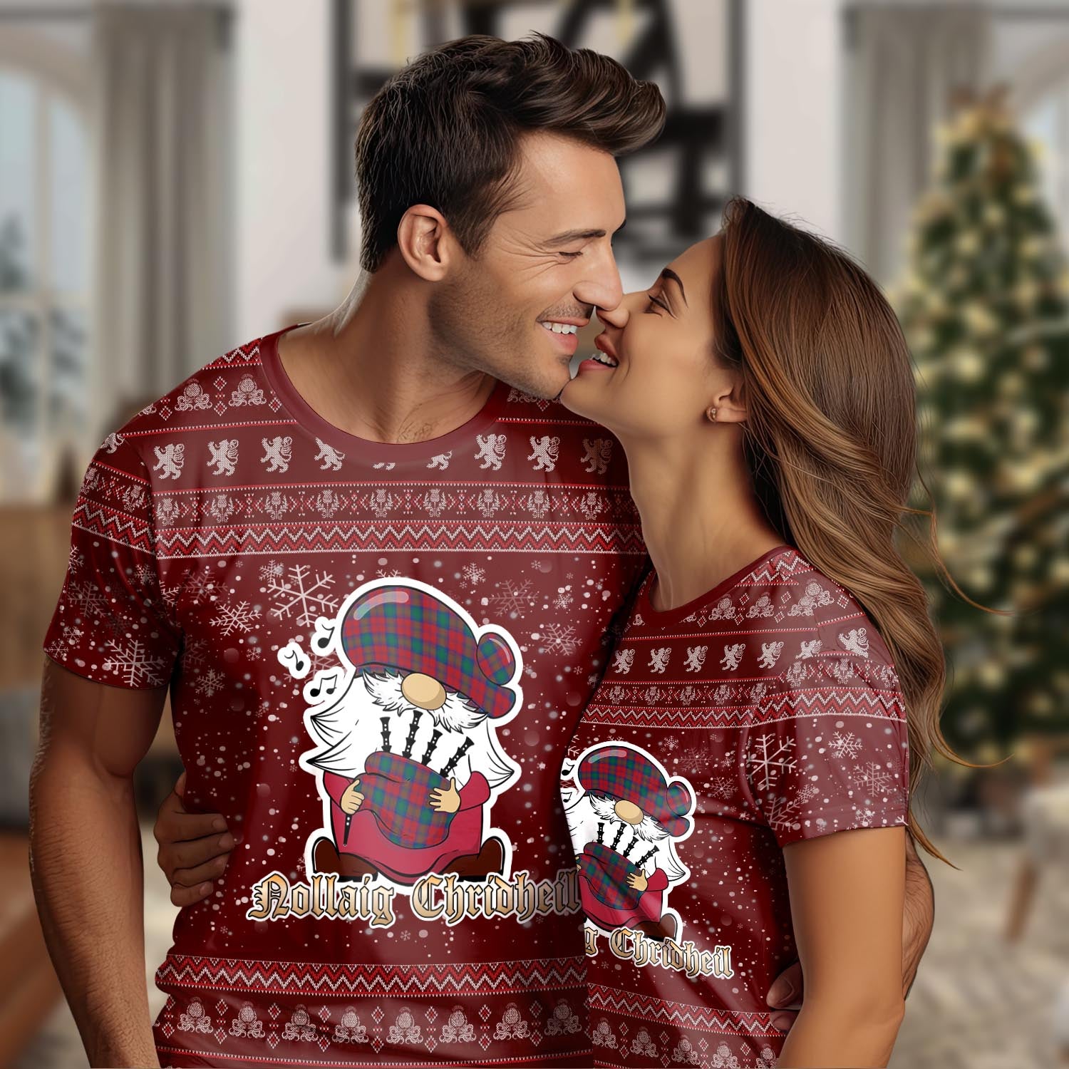 Lindsay Modern Clan Christmas Family T-Shirt with Funny Gnome Playing Bagpipes Women's Shirt Red - Tartanvibesclothing