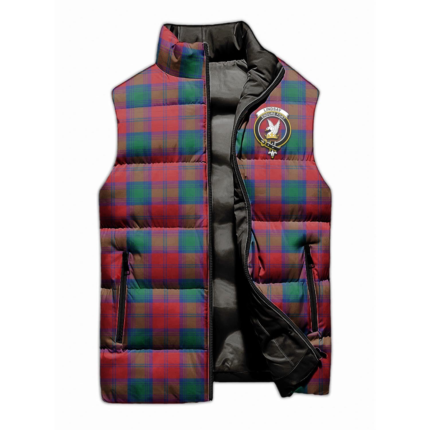 Lindsay Modern Tartan Sleeveless Puffer Jacket with Family Crest - Tartanvibesclothing