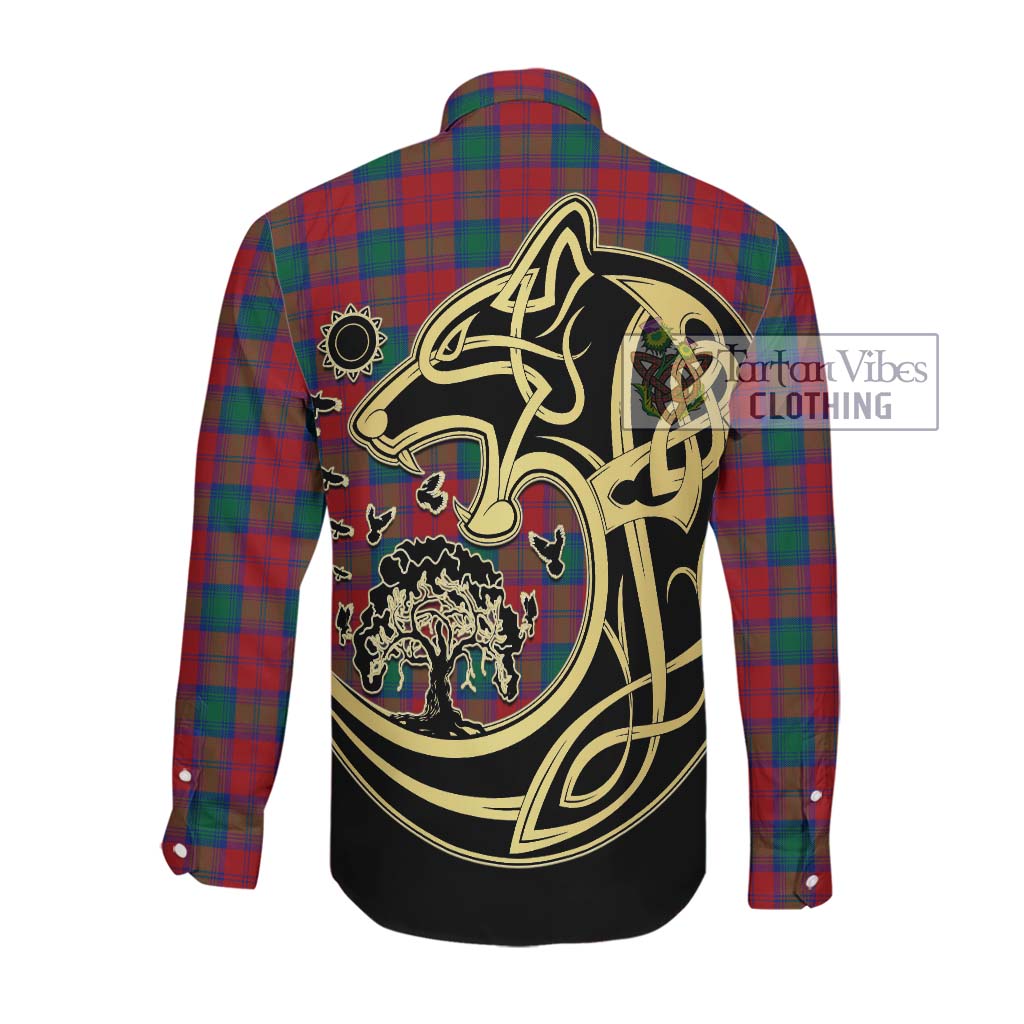 Tartan Vibes Clothing Lindsay Modern Tartan Long Sleeve Button Shirt with Family Crest Celtic Wolf Style